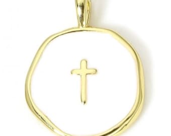 18K Gold Cross White Enamel Filled Irregular Circle Charm // 18K Gold Cross White Enamel Filled Irregular Circle Pendant