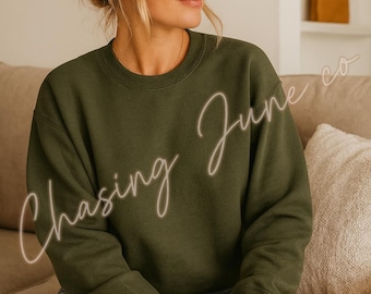 Gildan 18000 Military Green Crewneck Sweatshirt Mockup | Blank G180 Pullover | Cozy Lifestyle Photo | Heavy Blend Unisex Sweatshirt