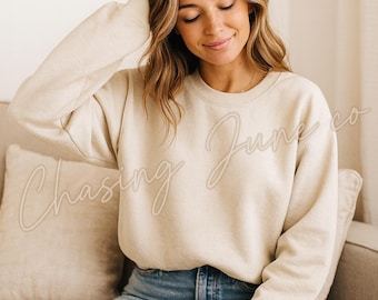 Gildan 18000 Sand Crewneck Sweatshirt Mockup | Blank G180 Pullover | Cozy Lifestyle Photo | Heavy Blend Unisex Sweatshirt