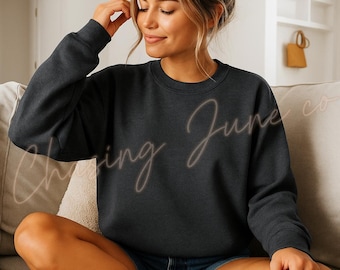 Gildan 18000 Dark Heather Crewneck Sweatshirt Mockup | Blank G180 Pullover | Cozy Lifestyle Photo | Heavy Blend Unisex Sweatshirt