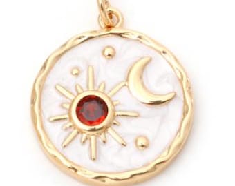 18K Gold Round Celestial Sun and Moon White Enamel Ruby Charm