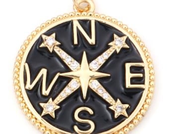 18K Gold Round Celestial Compass Travel Charm Black Enamel Filled