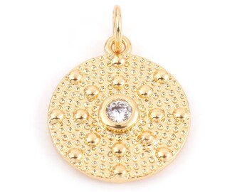 18K Gold Round Medallion Micro Pave Clear Cubic Zirconia