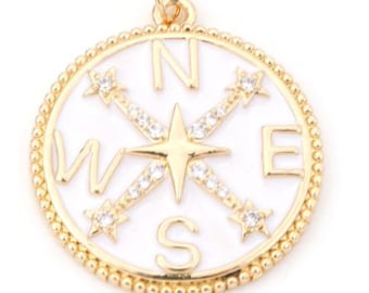 18K Gold Round Celestial Compass Travel Charm White Enamel Filled