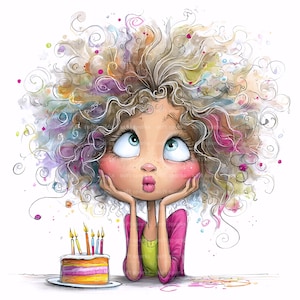 May include: A colourful illustration of a girl with curly hair, gazing upwards with a surprised expression. She wears a pink jacket and yellow shirt. A birthday cake with lit candles is in front of her.