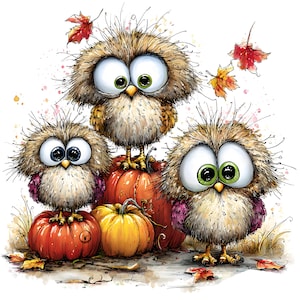 May include: A watercolor-style illustration featuring three fluffy, wide-eyed owls with messy brown feathers. Two owls are perched atop orange pumpkins, while the third stands beside them. Red and yellow autumn leaves float in the air.