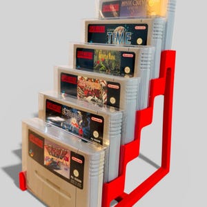 SNES with Protective Case Stand / Game Holder / Display Stand - 3D Printed for 6 Nintendo SNES Cartridges / Modules GDX#016