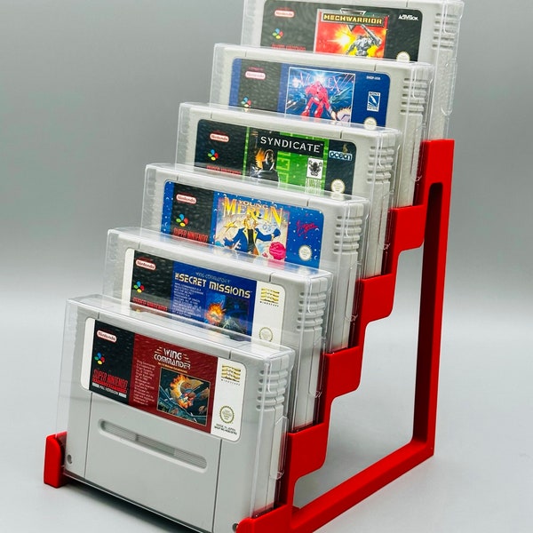 SNES mit Schutzhülle Stand / Display Ständer- 3D gedruckt für 6 Cartridge /Module #GD-Nr-029