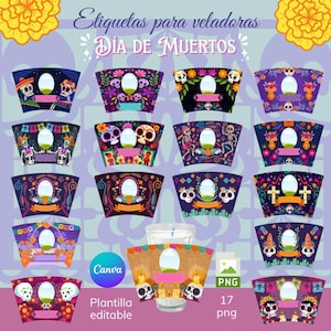 Editable Candle Label Template for Day of the Dead | Editable Candle Label Template | Ofrenda Altar Decor Printable PNG | Pack of 17