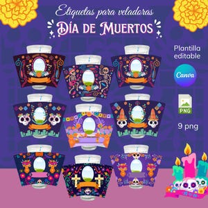 Bearbeitbare Kerzenetikettenvorlage für den Tag der Toten | Bearbeitbare Kerzenetikettenvorlage | Ofrenda Altardekor, druckbares PNG | 9er-Pack