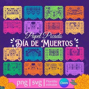 Puede incluir: Una colección de coloridas pancartas de Papel Picado para el Día de Muertos, con intrincados diseños de papel recortado de calaveras, flores y patrones festivos. Las pancartas son de varios colores, incluyendo amarillo, azul, verde, rosa y naranja, sobre un fondo morado oscuro.