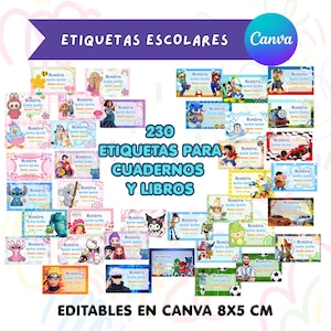 Puede incluir: Un conjunto de 230 etiquetas escolares rectangulares para cuadernos y libros, cada una de 8x5 cm. Las etiquetas presentan varios personajes de dibujos animados coloridos, con campos en blanco para nombres y materias, editables en Canva.
