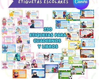 Editable school labels in Canva / Animated characters / Digital School Labels / Back to school / Back to school / Boy / Girl