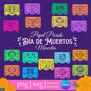 Op de afbeelding: Een levendig digitaal ontwerp met kleurrijke papel picado-banners met ingewikkelde uitgesneden patronen. De tekst "Papel Picado Día de Muertos Mascotas" wordt weergegeven, samen met "Nombre" op elke banner. Het ontwerp bevat "png | svg | Plantilla editable Canva".