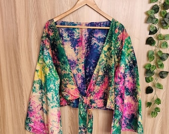 Handmade Tie Dye  Fashionable Silk Tie Front Crop Blouse - Trendy Summer Top