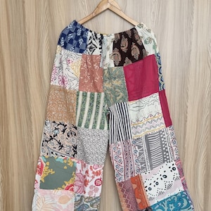 Boho Fashion Hippie Patchwork Palazzo Pants, Unisex Wide Leg Festival Pants, Recycled Wide Leg Summer Trouser with Pockets, Bohemian Style,