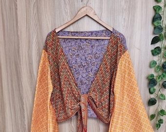 Top in seta con nodo: tessuto sari riciclato, camicetta boho regolabile