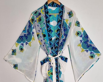 Kimono strandjurk van zijde met wijde mouwen, dusterkimono, bohokimono, lichtgewicht zijden badjas, resortkleding, festivaloutfit, cadeau voor haar.