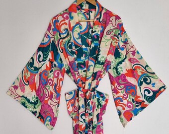 Boho, Paisley, kimono met wijde mouwen, zijden duster, strandjas, lange lichtgewicht kimono, zomerse laagjeskleding, festivalkleding