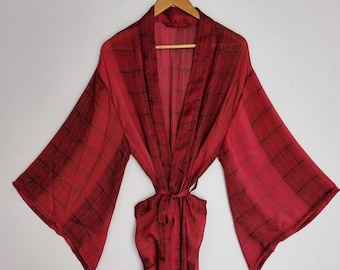 Handgemaakte satijnen zijden kimono met paisleyprint, ochtendjas, boho-jas met wijde mouwen, resortkleding, ochtendjas voor bruidsmeisjes, festivalkimono.
