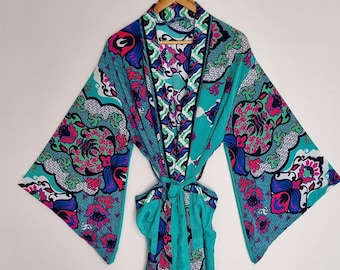 Zijden strandkimono, lange kimono met wijde mouwen, boho-stijl kimono met paisleyprint, kimono voor bij het zwembad, kimono voor op reis of in een resort, luchtig en lichtgewicht.