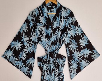 Zijden kimono met Hawaïaanse print, lange boho zijden jas, openvallend kledingstuk, loungebadjas, strandjurk.