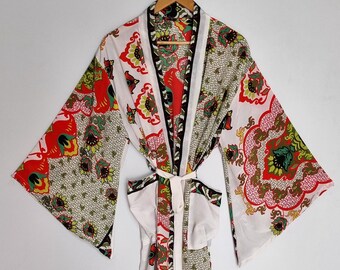 Boho zijden kimono duster, ochtendjas met wijde mouwen, lange open vest, festivaloutfit, chique loungejas, reiscoverup