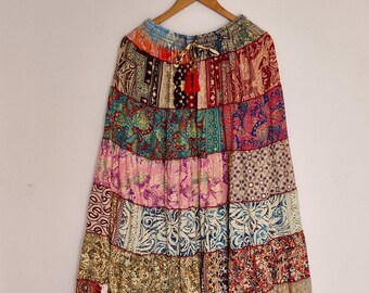 Maxi rok van zijden patchwork | boho gypsy rok | gerecyclede sari zijde | elastische taille | gelaagde, zwierige zomerrok | boho festivalkleding