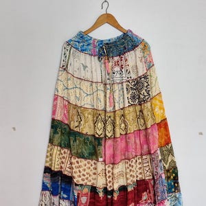 Silk patchwork skirt, ankle length gypsy skirt, recycled silk panels, boho festival clothing, drawstring elastic waist, vibrant mosaic