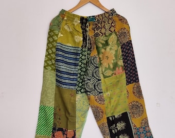 Tie dye patchwork cotton palazzo pants, boho wide leg trousers, festival hippie clothing, comfy elastic waist, vibrant rainbow