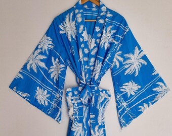 Zijden Hawaïaanse print, kimono, badjas, lange cardigan met wijde mouwen, openvallende laag, strandjurk of badjas voor bij het zwembad, lichtgewicht boho badjas