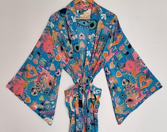 Paisley kimono badjas, boho badjas, lange zijden kimono cover-up, boho duster met wijde mouwen, strandbadjas, lichtgewicht resortkleding, zwembadcover
