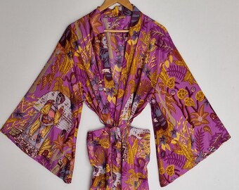Zijden kimono-achtige badjas met wijde mouwen, lange maxi-badjas, open strandjurk, boho-jasje om over andere kleding te dragen, comfortabele reiskleding