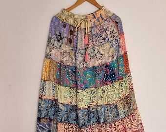 Gerecyclede sari zijden patchwork rok | boho maxi rok | gypsy hippie stijl | elastische taille | zwierig en gelaagd | festival zomerkleding