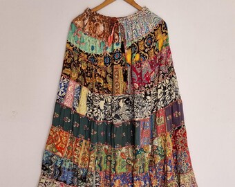 Boho patchwork zijden rok | lange maxi | gerecyclede sari | gypsy hippie boho stijl | elastische tailleband | zwierige festivalkleding