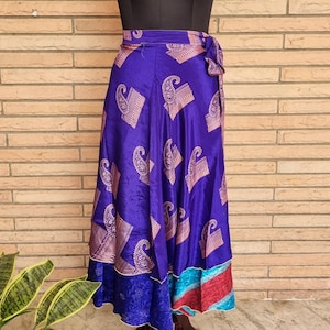 Vintage Silk Saree Wrap Skirt, Handkerchief Hem, Boho Festival Maxi Skirt