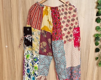 Patchwork Cotton Harem Pants: Boho Hippie Style, Elastic Waist