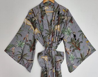Boho grijs, jungle, dierenprint, zijden kimono cover-up | strandjas met wijde mouwen | lange, zwierige cardigan | zomerfestival laagjeskledingstuk