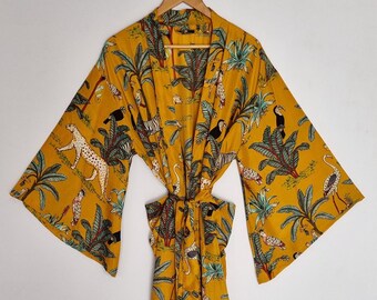 Gele jungle dierenprint boho zijden strandkimono cover-up | boho duster met wijde mouwen | lange zwierige kimono cardigan | resort kleding laagje