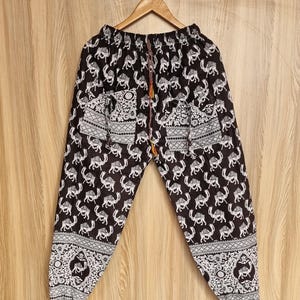 Pantalones harén de algodón negro con estampado de bloques: pantalones de algodón estilo festival bohemio