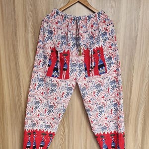カラフルなコットンブロックプリントのハーレムパンツ：ボヘミアンフェスティバルパンツ