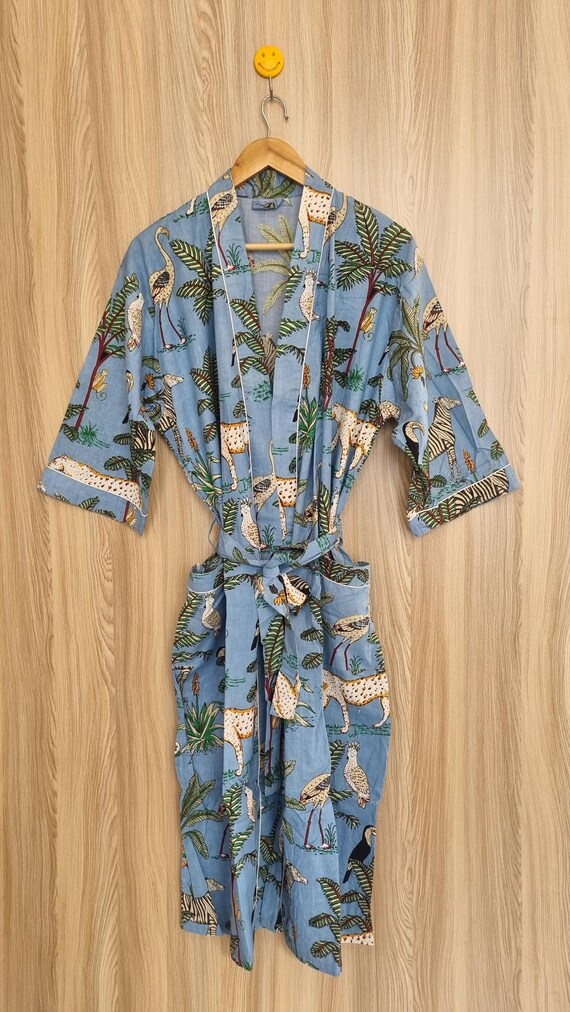 Hand Block Print Cotton Kimono Robe: Blue Floral Dressing Gown - Etsy