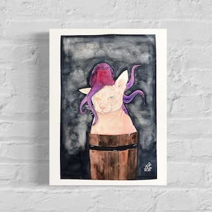 May include: Watercolour painting of a hairless cat with blue eyes, wearing a purple octopus hat, emerging from a wooden barrel. The background is a dark, textured wash. Signed "NE 23".