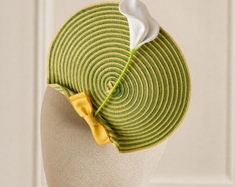 Free Shipping & Ships in 1 Business Day! Yellow and Green Fascinator with Pink Bow and Quill Feather/ Derby Hat