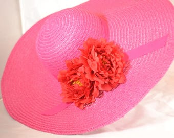 Pink  Kentucky Derby Hat -  Wide Brim Sun Hat with Flowers/ Derby Hat