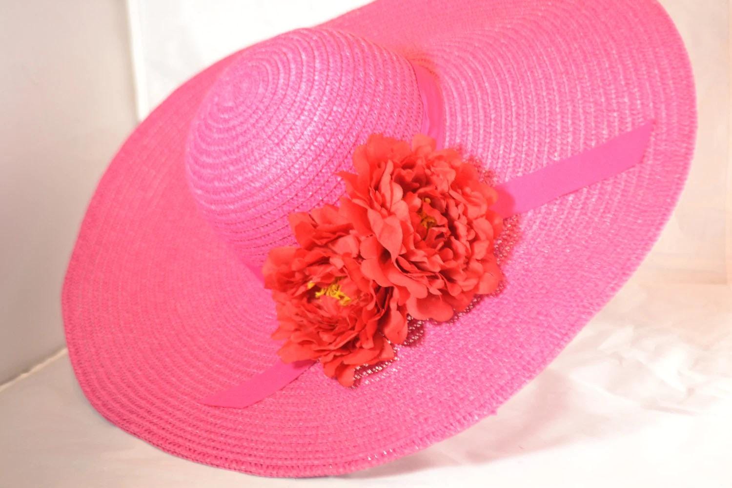 Pink Kentucky Derby Hat - Wide Brim Sun Hat With Flowers 