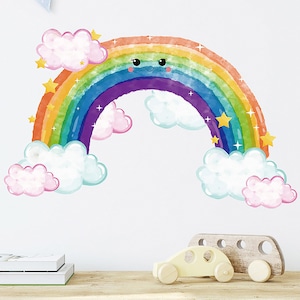 Nube de arco iris de sonrisa de dibujos animados, pegatinas de pared rosa, decoración de la habitación de los niños