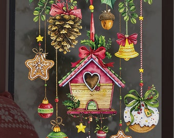 Christmas wooden house pine cone wall stickers, children's room wall decoration stickers self-adhesive