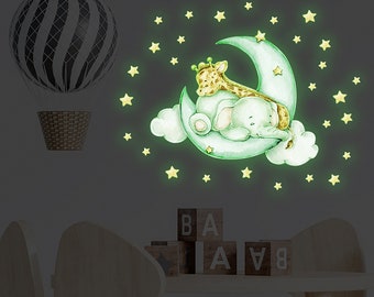 Glow-in-the-dark elephant and giraffe wall stickers, moon wall stickers, star decals, bedroom wall stickers, bohemian stickers