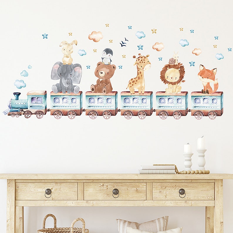 Cartoon cute animals, elephant giraffe train wall stickers, children's room decoration zdjęcie 2